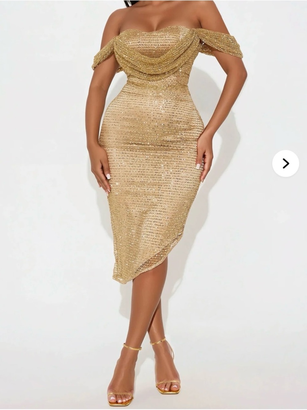 Fashion Nova Gold Draped Off-Shoulder Sequin Midi Dress